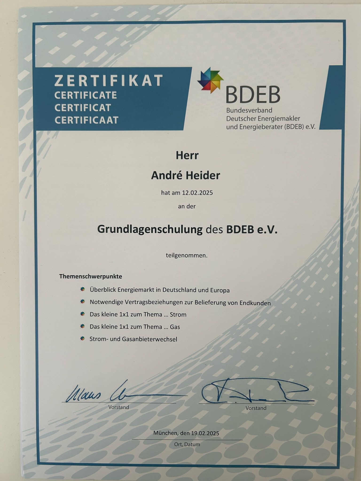 BDEB Grundlagenschulung Energiemarkt Zertifikat Andre Heider