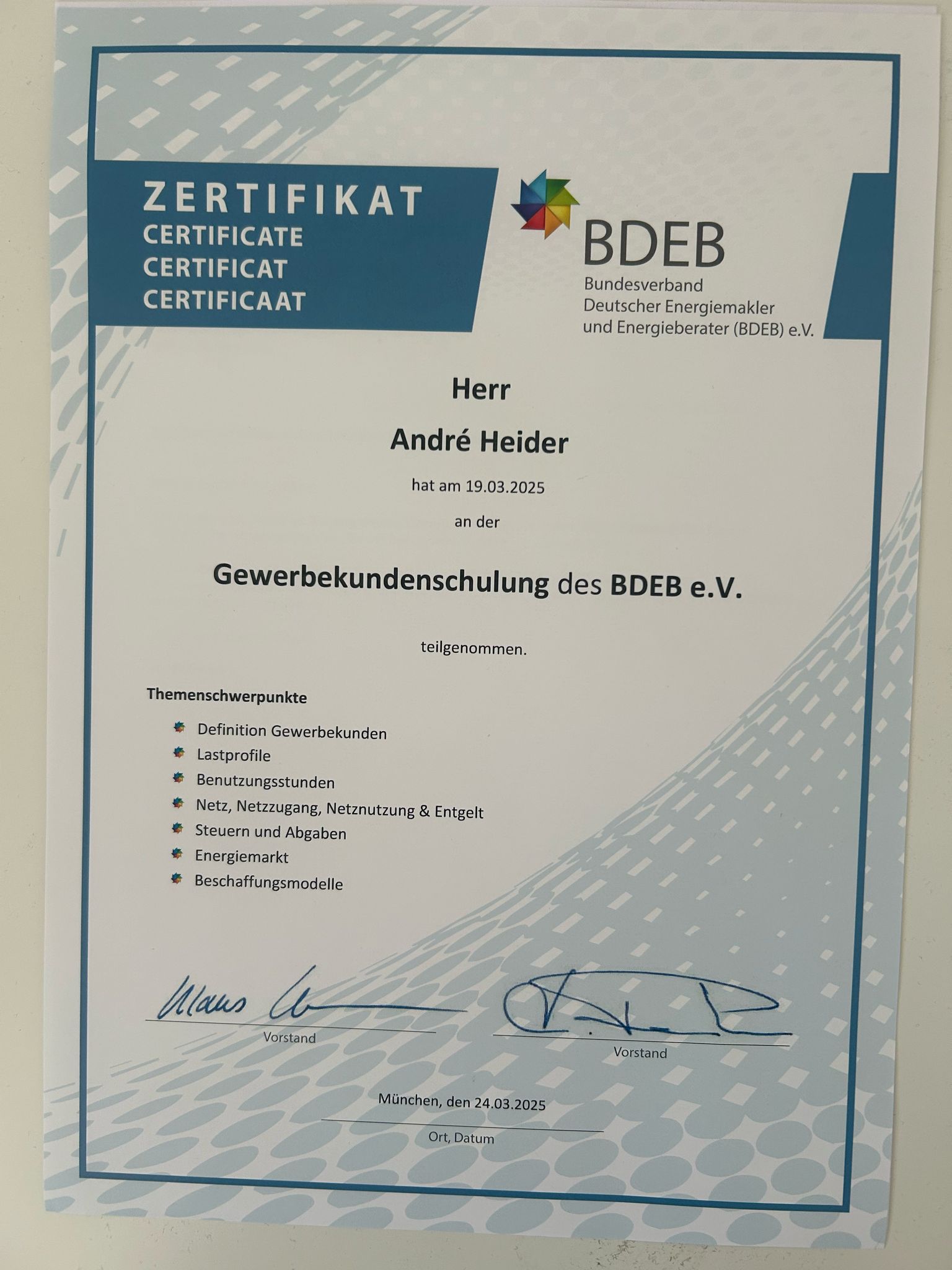 BDEB Gewerbekundenschulung Zertifikat Andre Heider